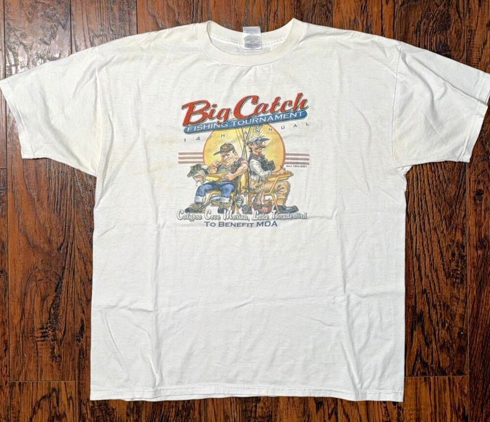 Vtg 2001 Big Catch Fishing Tournament T Shirt Lake Thunderbird Oklahoma XL Y2K